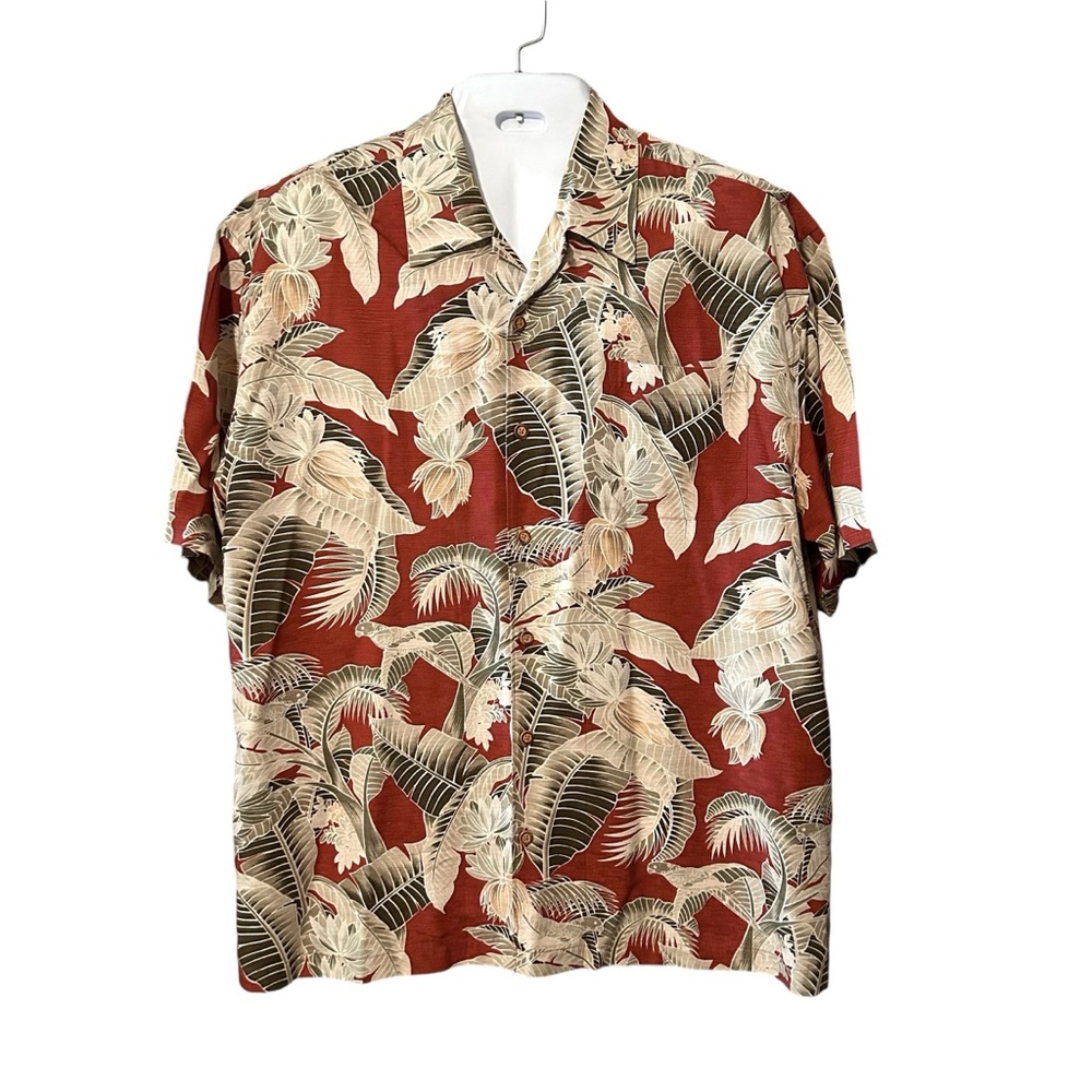 Jamaica Jaxx Men’s Silk Hawaiian Aloha Button Down Shirt Maroon Olive Sz XL